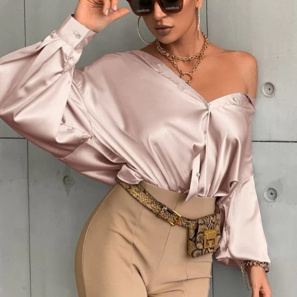 Button down Bishop Sleeve Shirt Blouse Dusty Pink - Picture 5 of 6